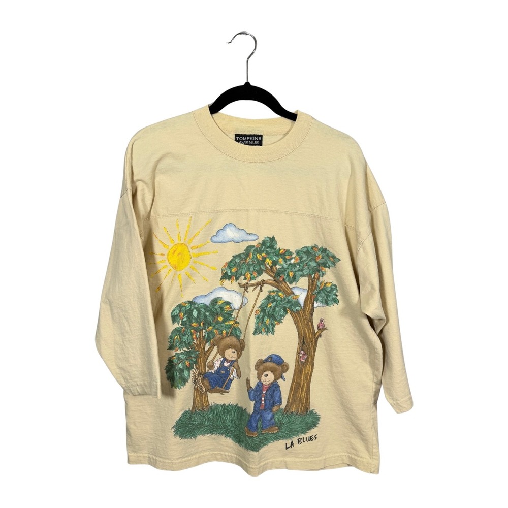 Vintage Tompkins Avenue Bear Graphic T-Shirt Cream 1X USA Made Cotton